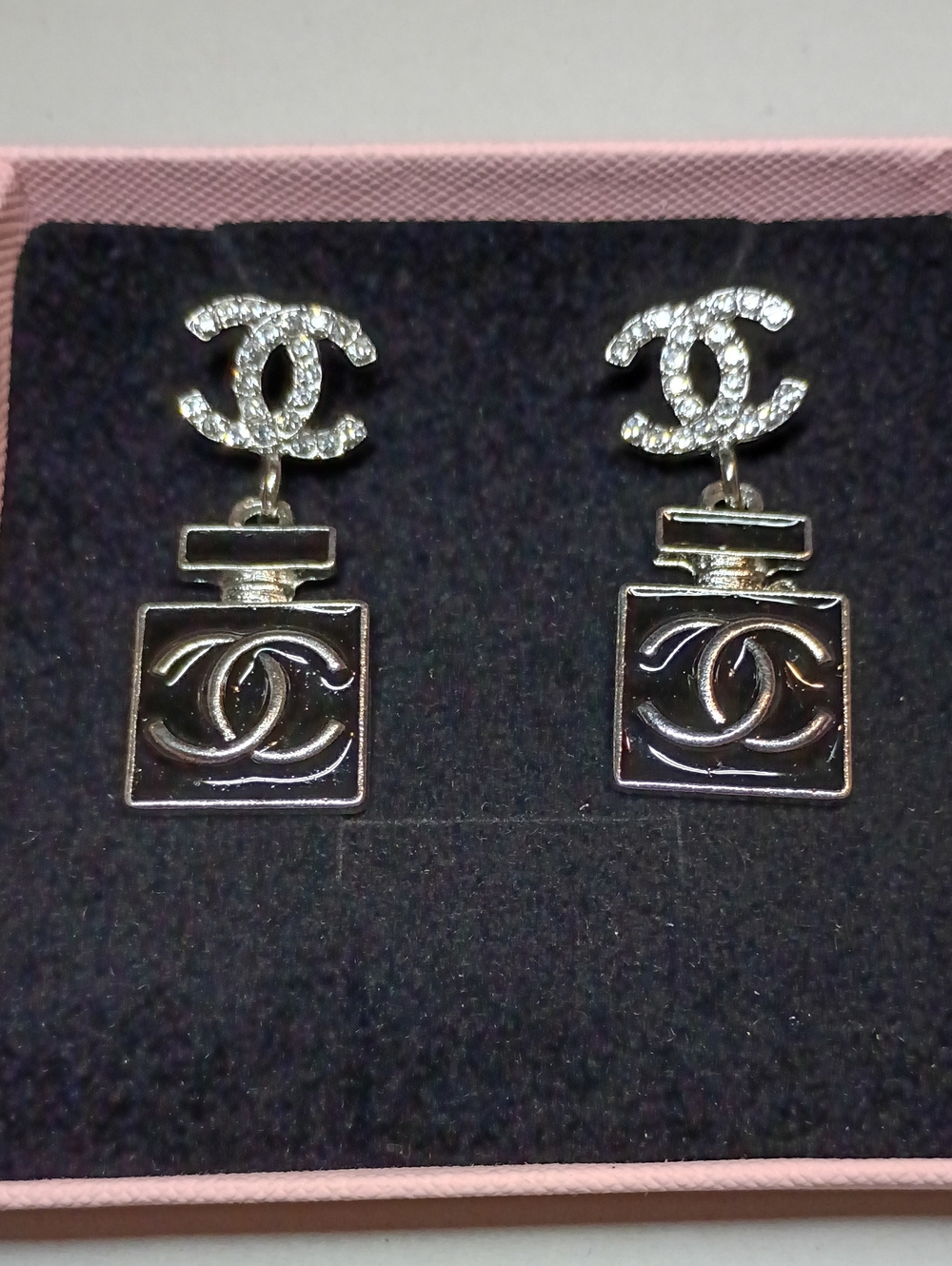 New Silver-Tone CC Perfume Bottle Drop Earrings with Clear Stones